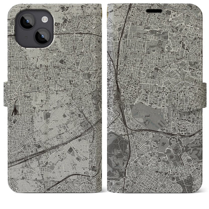 【新宿御苑前（東京都）】地図柄iPhoneケース（手帳タイプ）モノトーン・iPhone 14 Plus 用