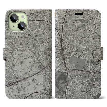 【新宿御苑前（東京都）】地図柄iPhoneケース（手帳タイプ）モノトーン・iPhone 15 用