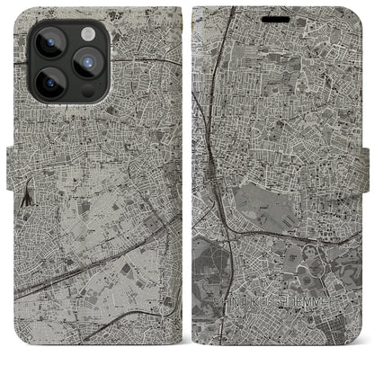 【新宿御苑前（東京都）】地図柄iPhoneケース（手帳タイプ）モノトーン・iPhone 15 Pro Max 用