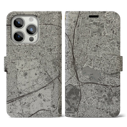 【新宿御苑前（東京都）】地図柄iPhoneケース（手帳タイプ）モノトーン・iPhone 15 Pro 用