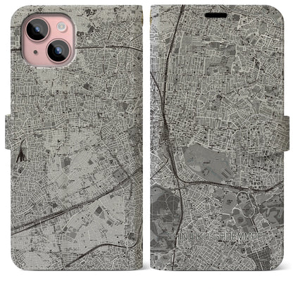 【新宿御苑前（東京都）】地図柄iPhoneケース（手帳タイプ）モノトーン・iPhone 15 Plus 用