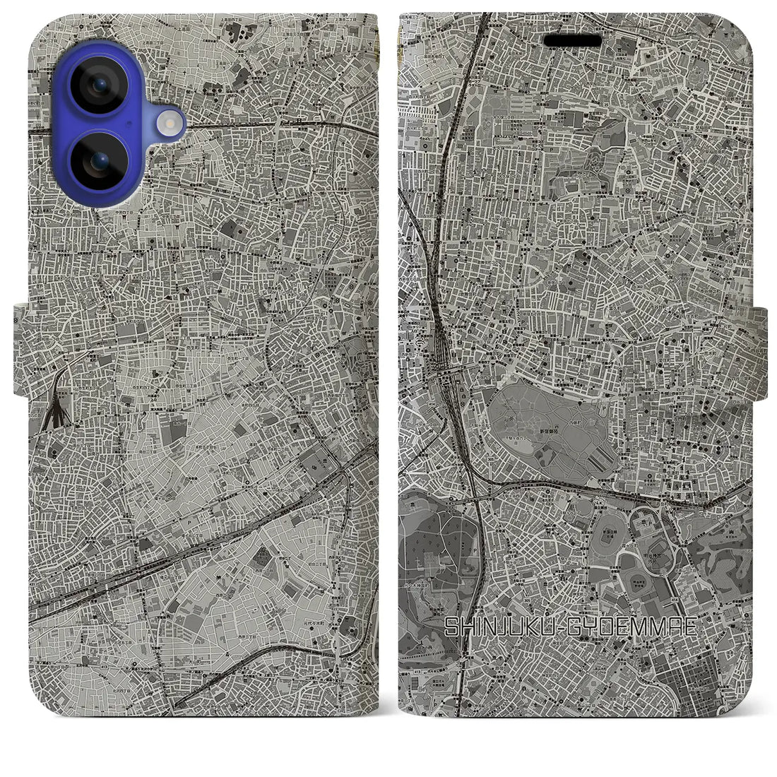 【新宿御苑前(東京都)】地図柄iPhoneケース(手帳タイプ)モノトーン・iPhone 16 Pro Max 用