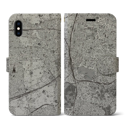 【新宿御苑前（東京都）】地図柄iPhoneケース（手帳タイプ）モノトーン・iPhone XS / X 用