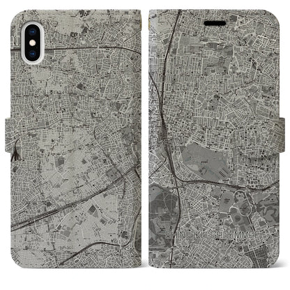 【新宿御苑前（東京都）】地図柄iPhoneケース（手帳タイプ）モノトーン・iPhone XS Max 用