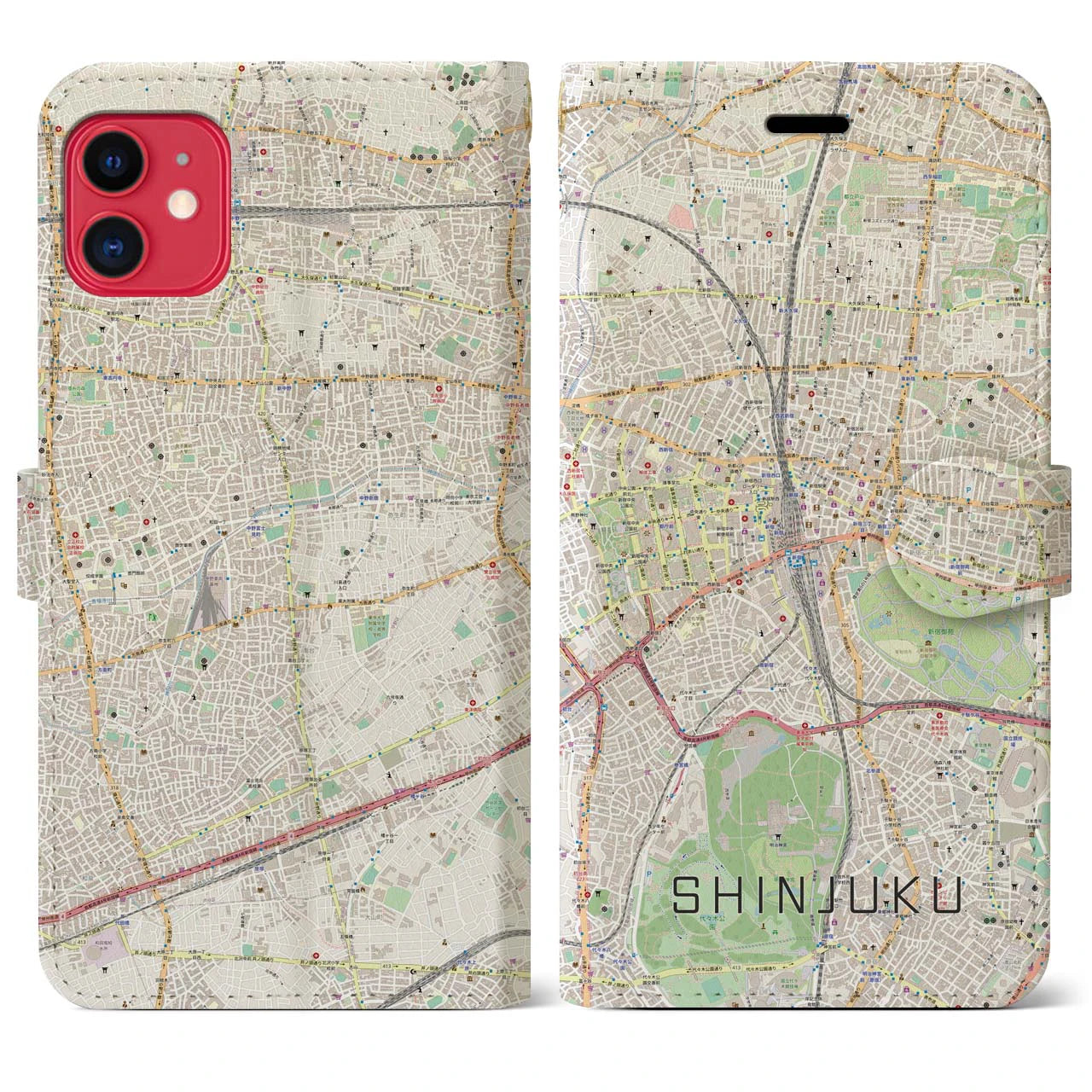 【新宿】地図柄iPhoneケース（手帳両面タイプ・ナチュラル）iPhone 11 用