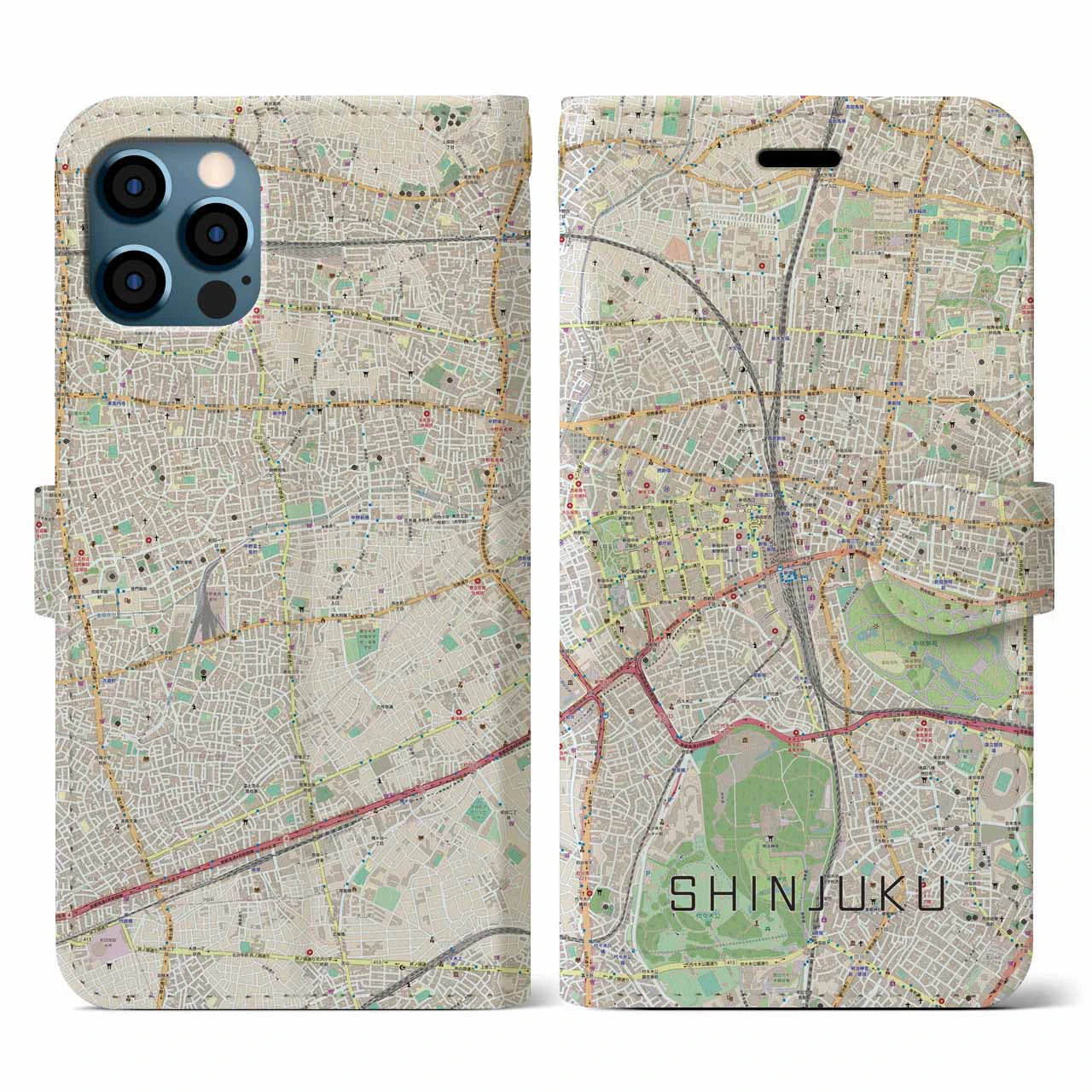 【新宿】地図柄iPhoneケース（手帳両面タイプ・ナチュラル）iPhone 12 / 12 Pro 用