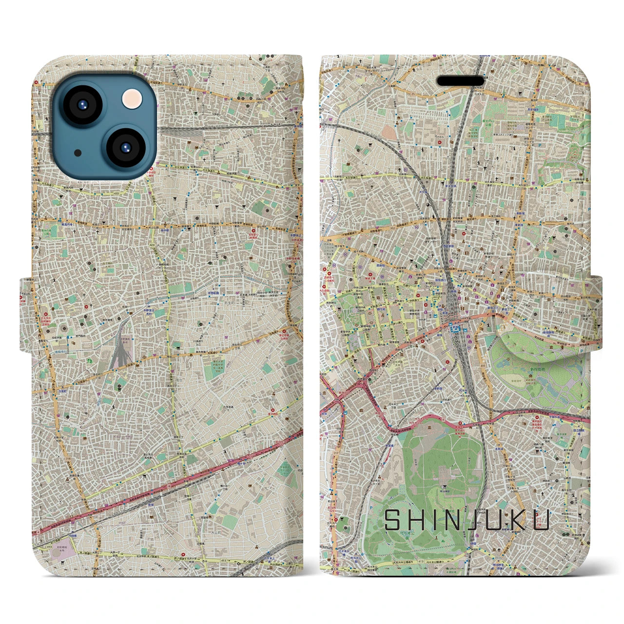 【新宿】地図柄iPhoneケース（手帳両面タイプ・ナチュラル）iPhone 13 用