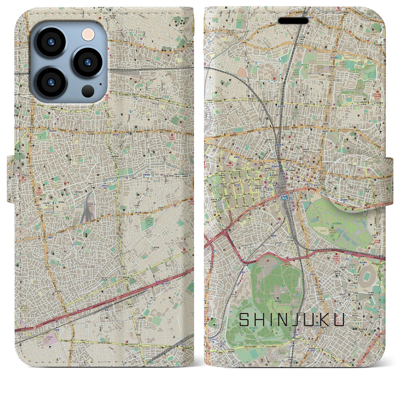 【新宿】地図柄iPhoneケース（手帳両面タイプ・ナチュラル）iPhone 13 Pro Max 用