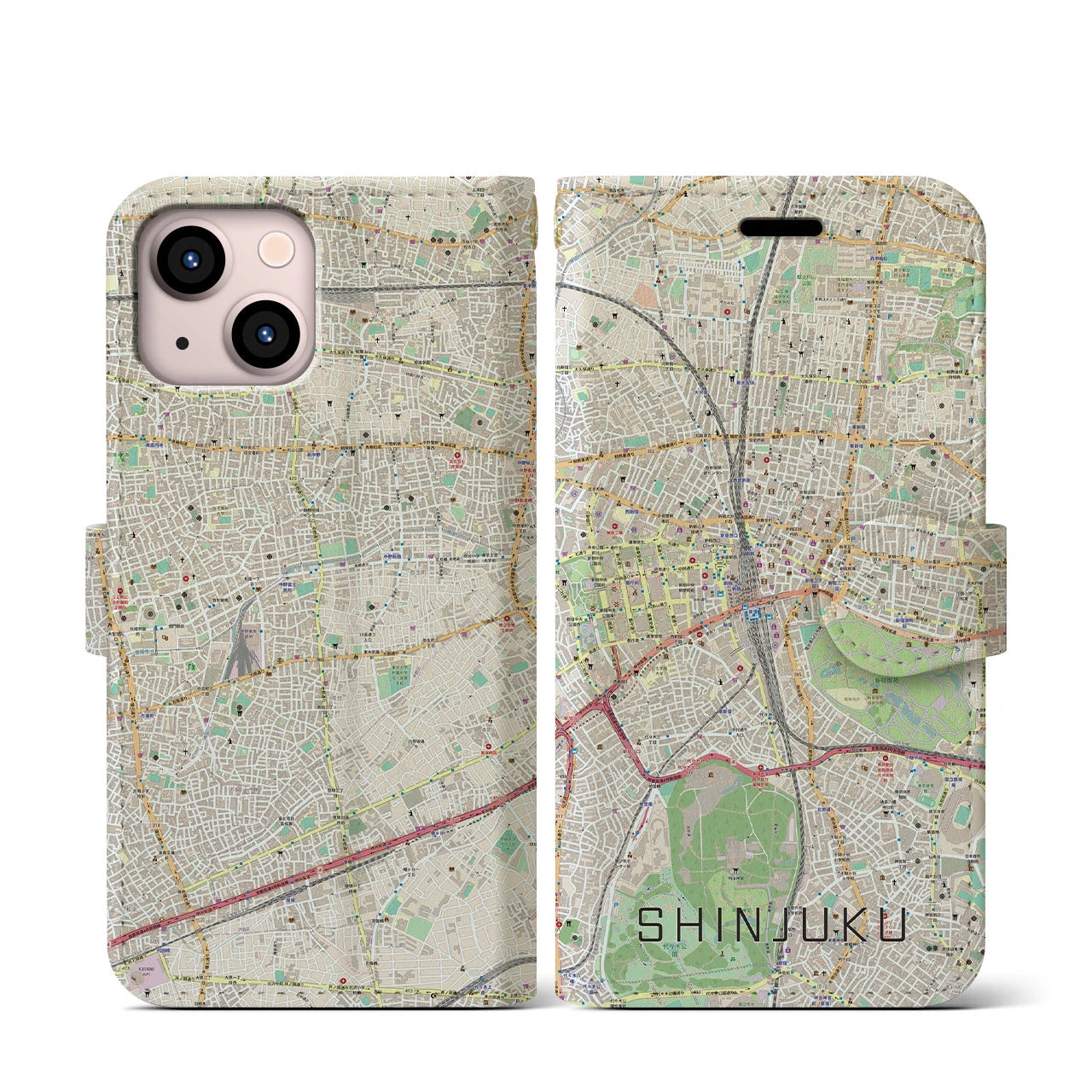 【新宿】地図柄iPhoneケース（手帳両面タイプ・ナチュラル）iPhone 13 mini 用
