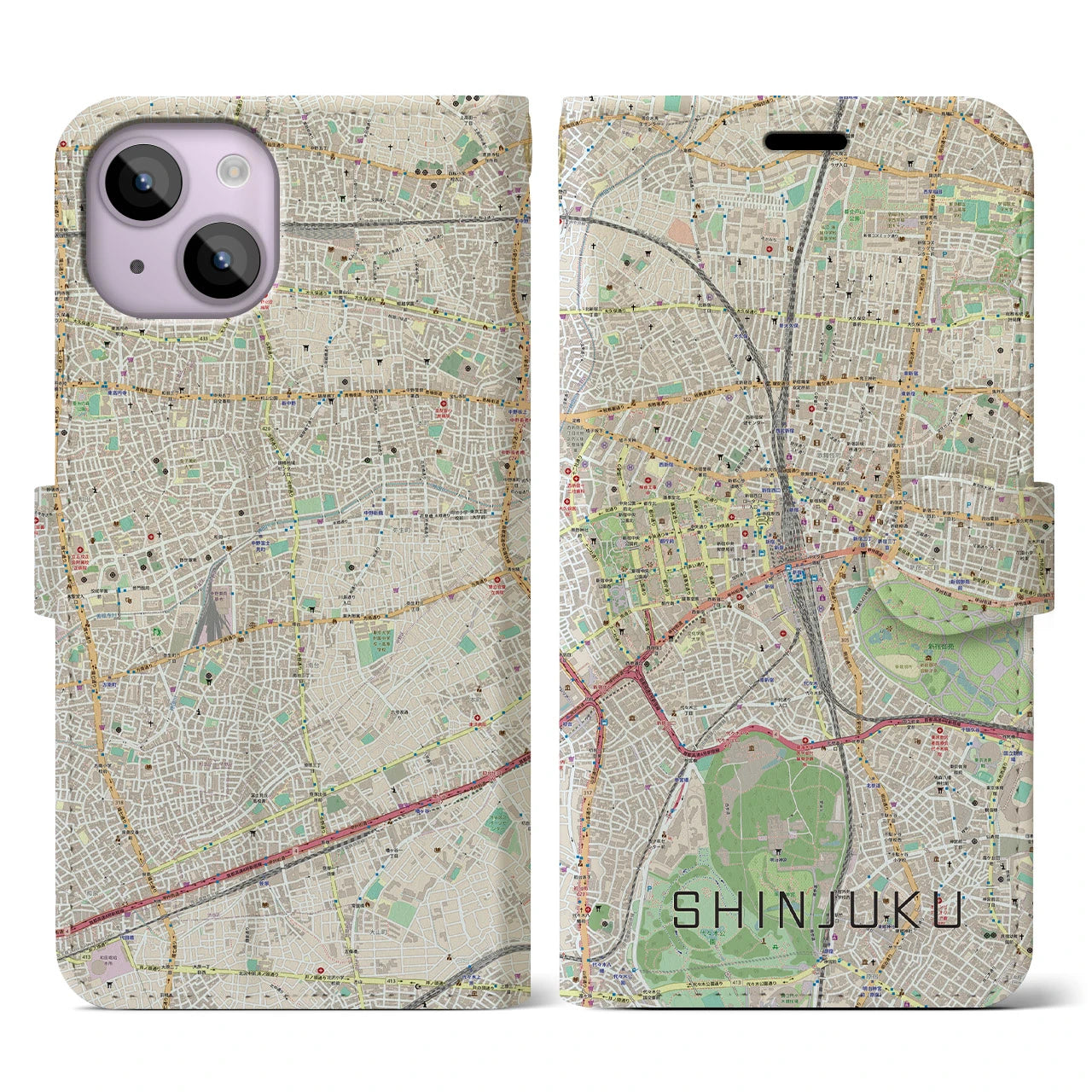 【新宿】地図柄iPhoneケース（手帳両面タイプ・ナチュラル）iPhone 14 用