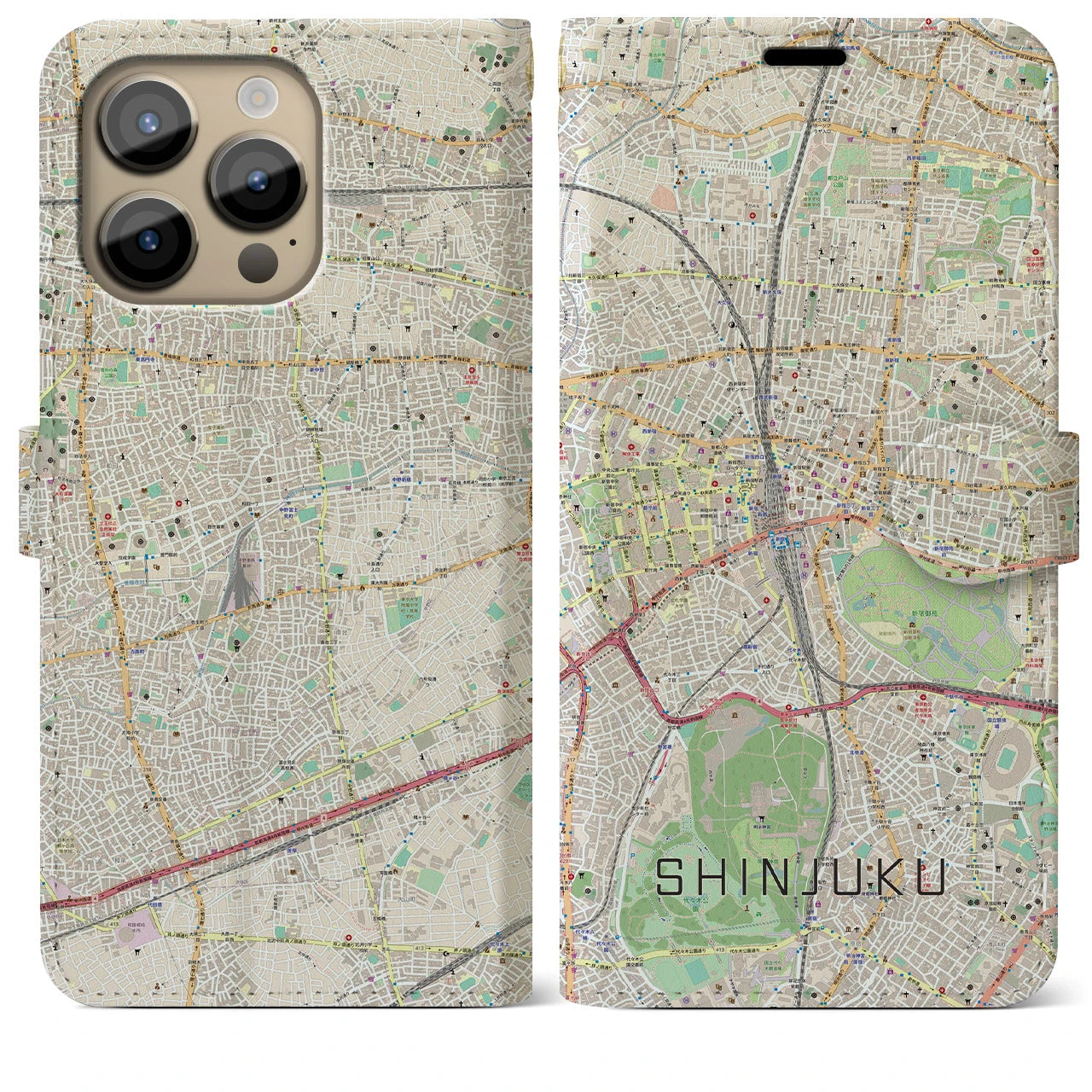 【新宿】地図柄iPhoneケース（手帳両面タイプ・ナチュラル）iPhone 14 Pro Max 用