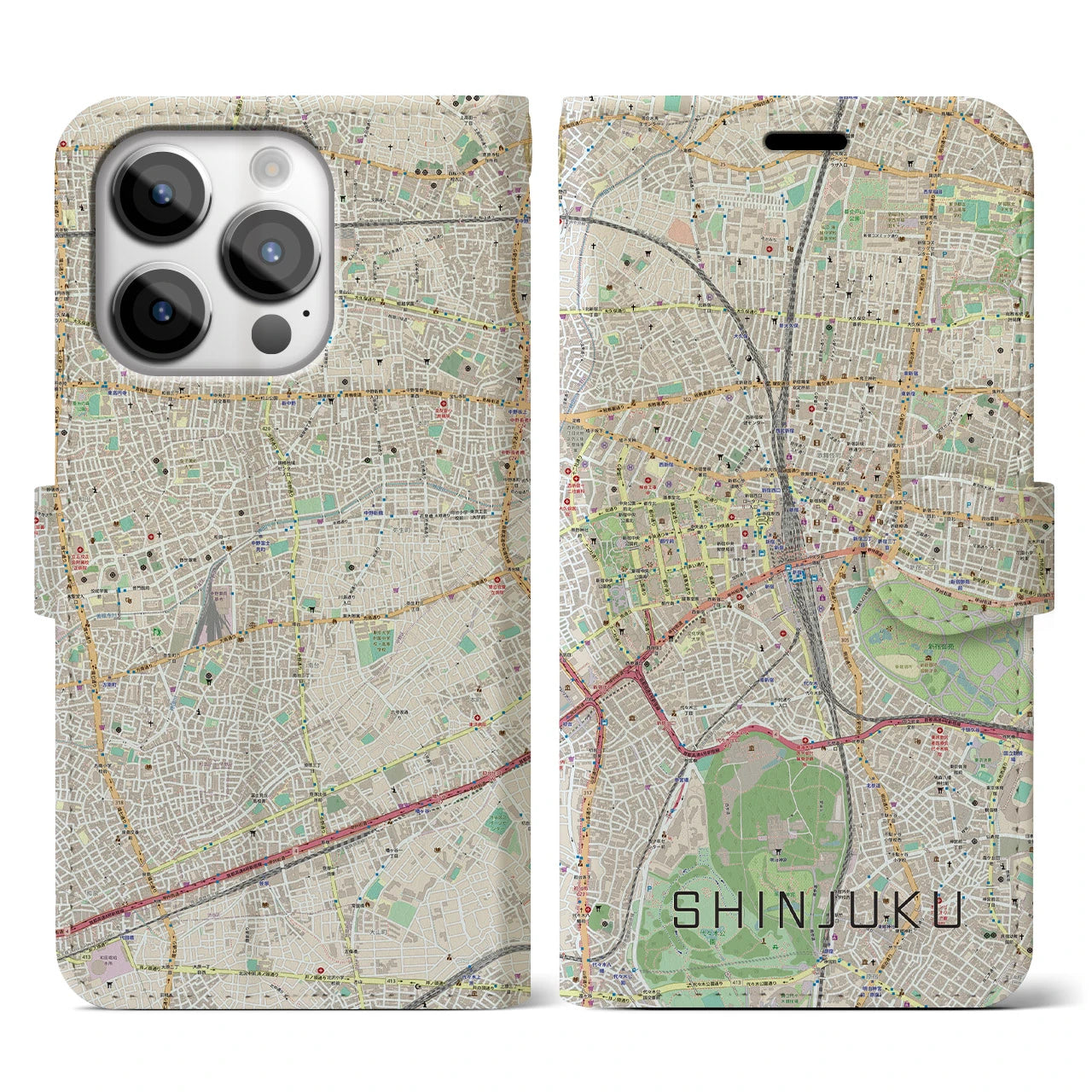 【新宿】地図柄iPhoneケース（手帳両面タイプ・ナチュラル）iPhone 14 Pro 用