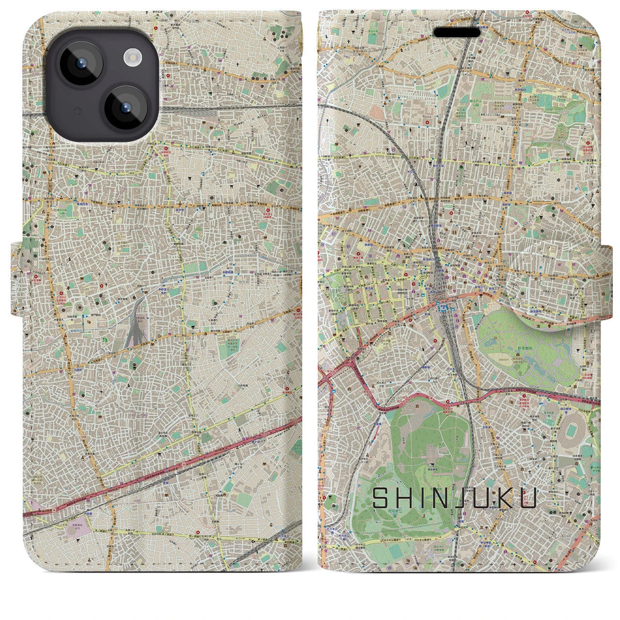 【新宿】地図柄iPhoneケース（手帳両面タイプ・ナチュラル）iPhone 14 Plus 用