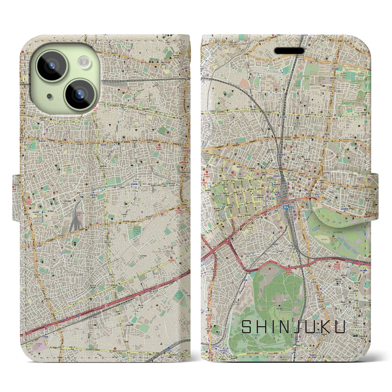 【新宿】地図柄iPhoneケース（手帳両面タイプ・ナチュラル）iPhone 15 用