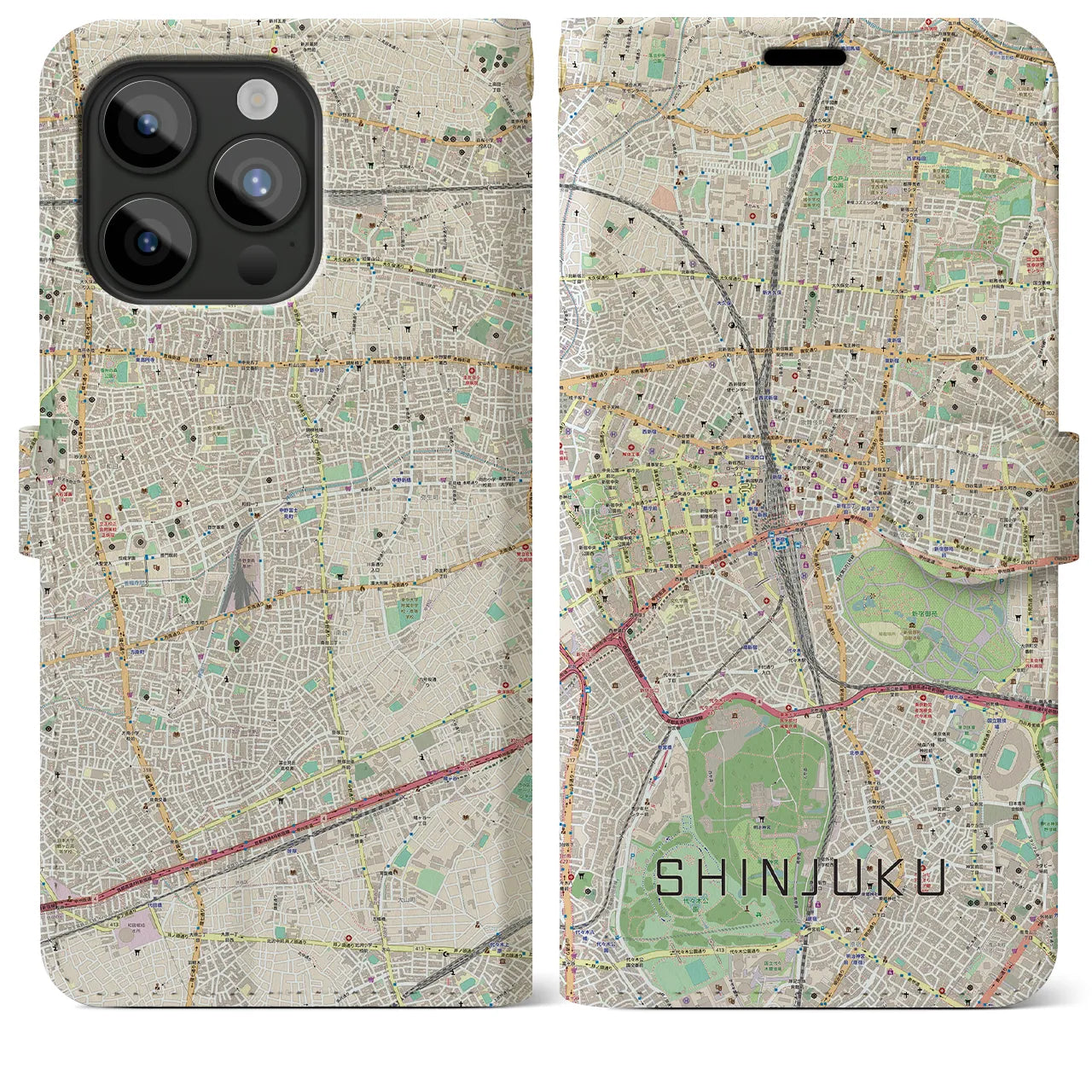 【新宿】地図柄iPhoneケース（手帳両面タイプ・ナチュラル）iPhone 15 Pro Max 用