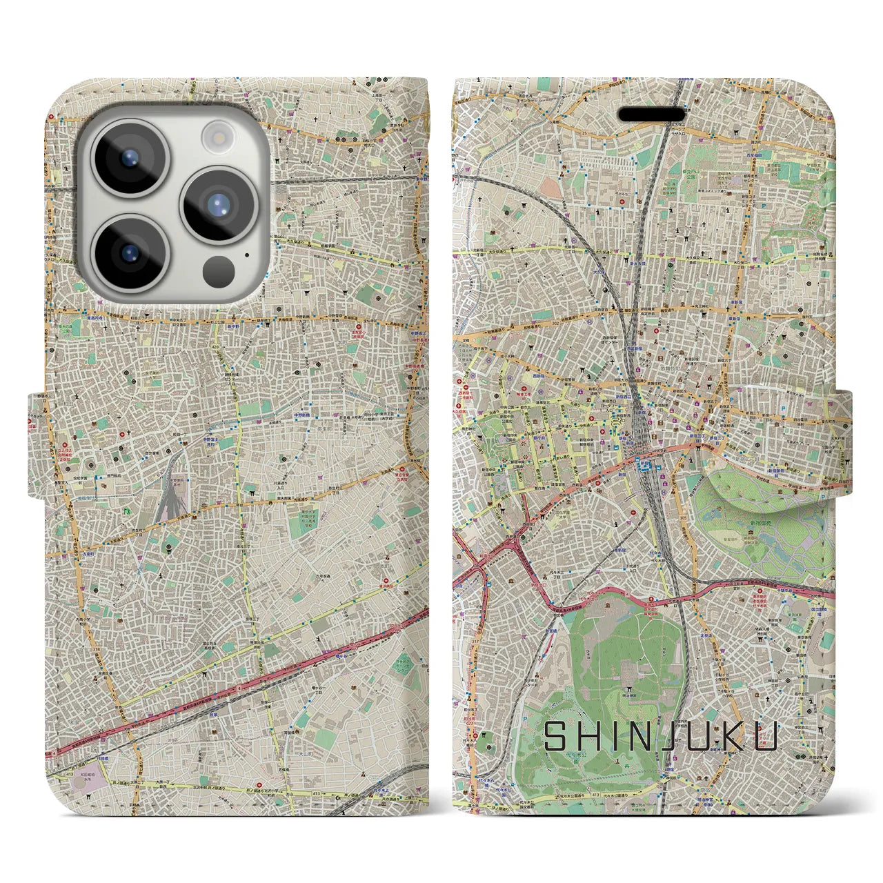 【新宿】地図柄iPhoneケース（手帳両面タイプ・ナチュラル）iPhone 15 Pro 用