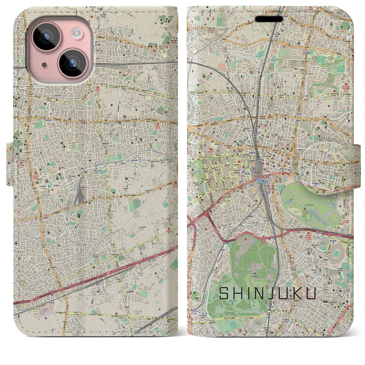 【新宿】地図柄iPhoneケース（手帳両面タイプ・ナチュラル）iPhone 15 Plus 用