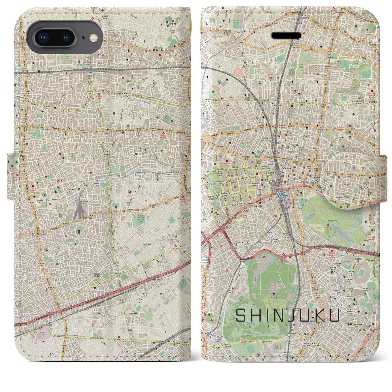 【新宿】地図柄iPhoneケース（手帳両面タイプ・ナチュラル）iPhone 8Plus /7Plus / 6sPlus / 6Plus 用