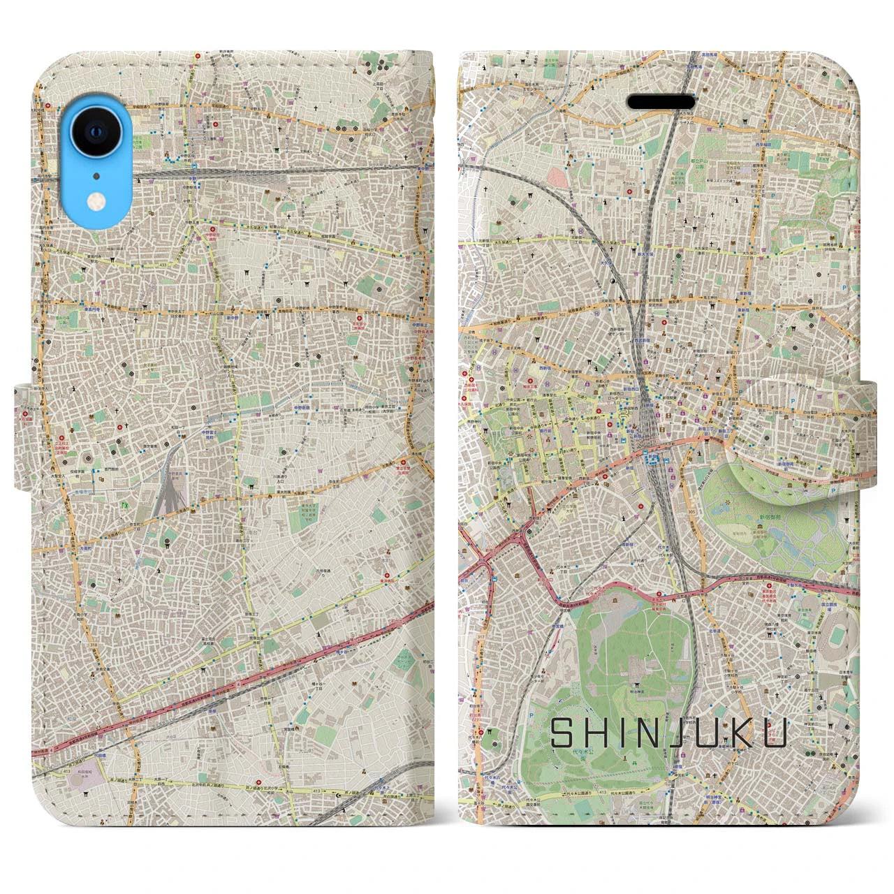 【新宿】地図柄iPhoneケース（手帳両面タイプ・ナチュラル）iPhone XR 用