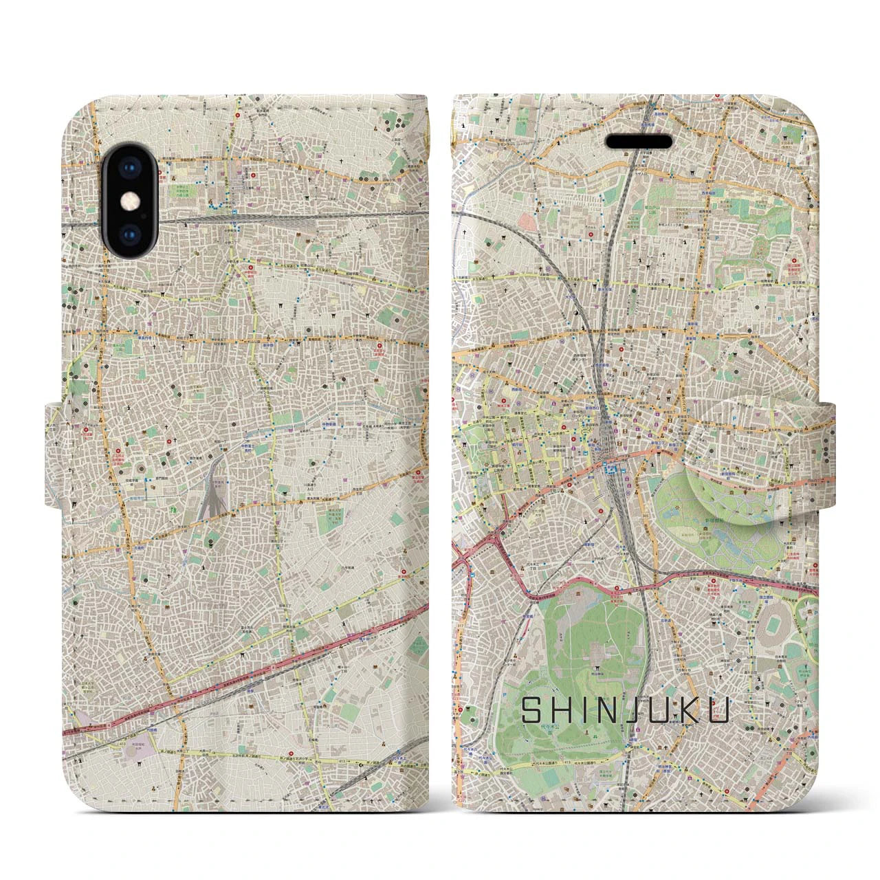 【新宿】地図柄iPhoneケース（手帳両面タイプ・ナチュラル）iPhone XS / X 用