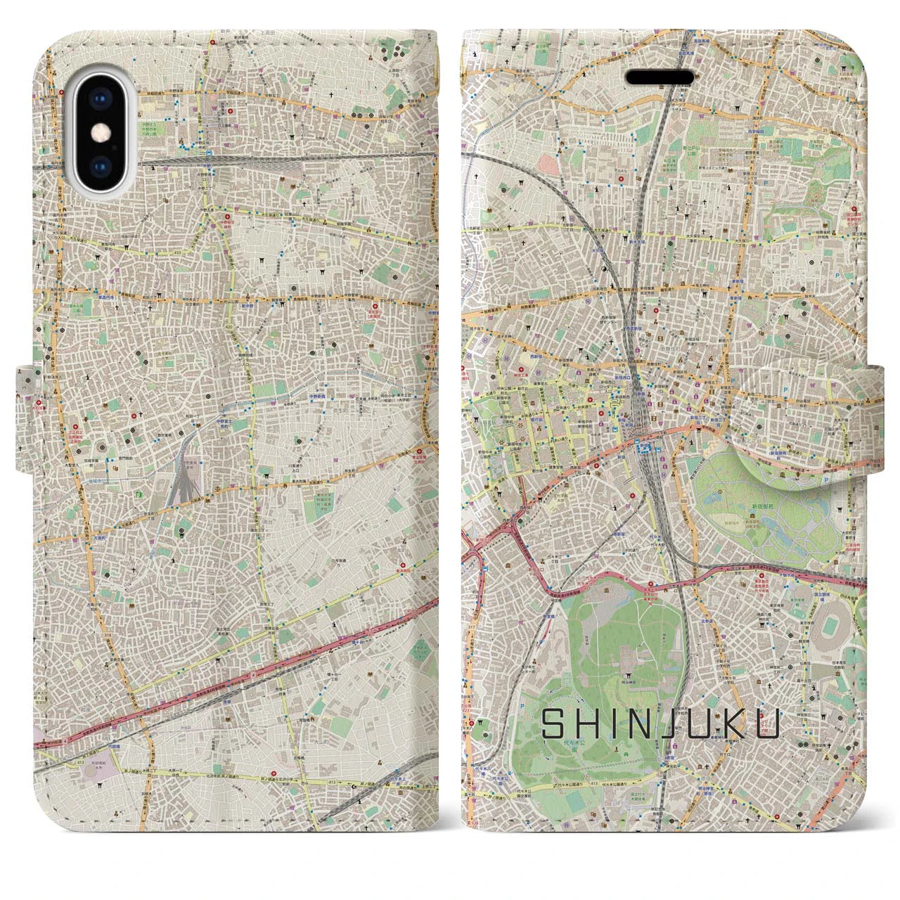 【新宿】地図柄iPhoneケース（手帳両面タイプ・ナチュラル）iPhone XS Max 用