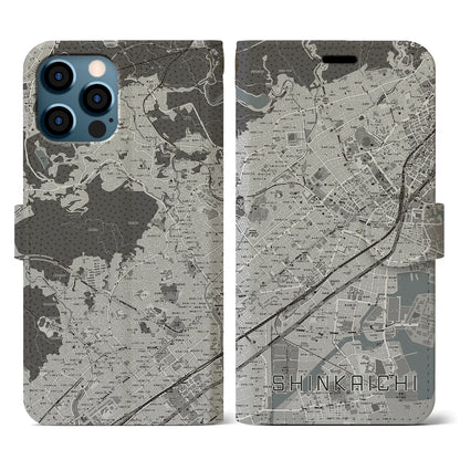 【新開地（兵庫県）】地図柄iPhoneケース（手帳タイプ）モノトーン・iPhone 12 / 12 Pro 用