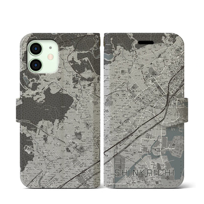 【新開地（兵庫県）】地図柄iPhoneケース（手帳タイプ）モノトーン・iPhone 12 mini 用