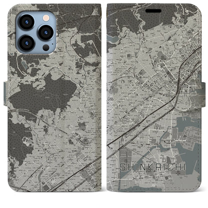 【新開地（兵庫県）】地図柄iPhoneケース（手帳タイプ）モノトーン・iPhone 13 Pro Max 用