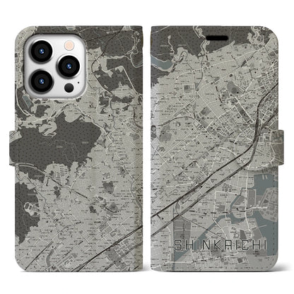 【新開地（兵庫県）】地図柄iPhoneケース（手帳タイプ）モノトーン・iPhone 13 Pro 用