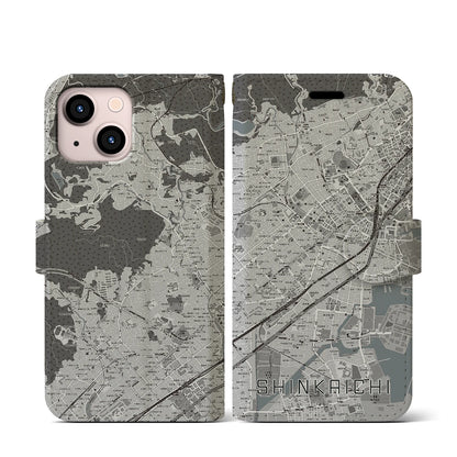 【新開地（兵庫県）】地図柄iPhoneケース（手帳タイプ）モノトーン・iPhone 13 mini 用