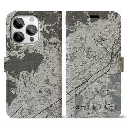 【新開地（兵庫県）】地図柄iPhoneケース（手帳タイプ）モノトーン・iPhone 14 Pro 用