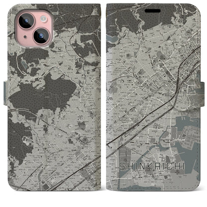 【新開地（兵庫県）】地図柄iPhoneケース（手帳タイプ）モノトーン・iPhone 15 Plus 用