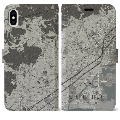 【新開地（兵庫県）】地図柄iPhoneケース（手帳タイプ）モノトーン・iPhone XS Max 用