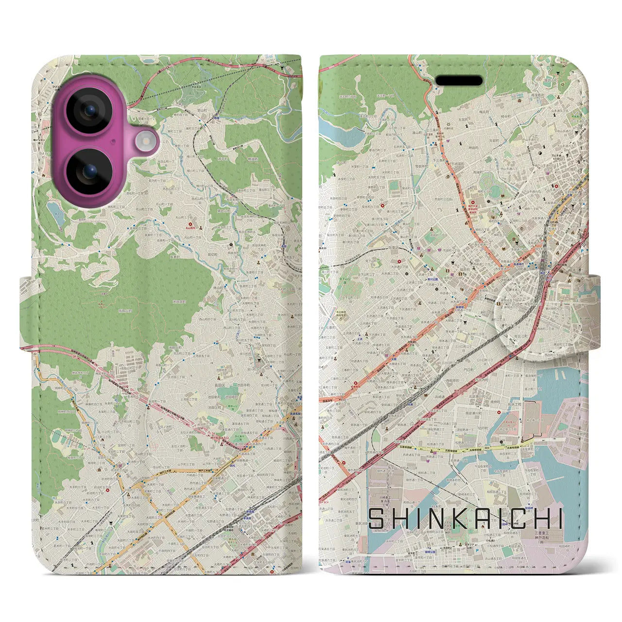 【新開地（兵庫県）】地図柄iPhoneケース（手帳タイプ）ナチュラル・iPhone 16 Pro 用