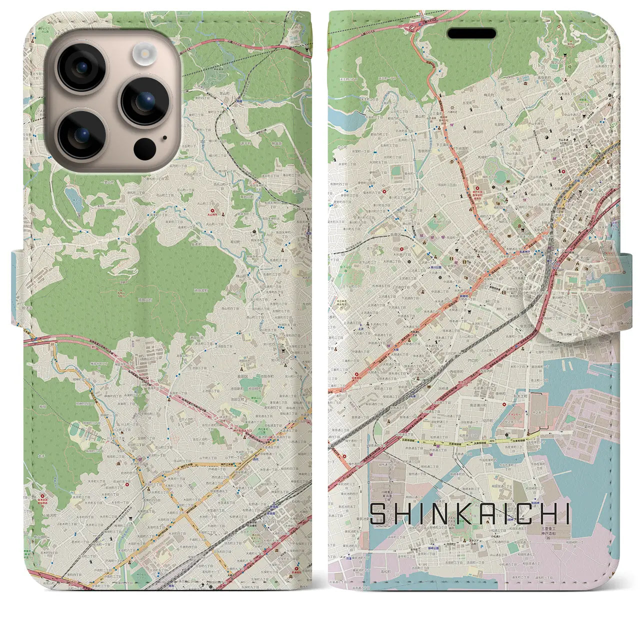 【新開地（兵庫県）】地図柄iPhoneケース（手帳タイプ）ナチュラル・iPhone 16 Plus 用