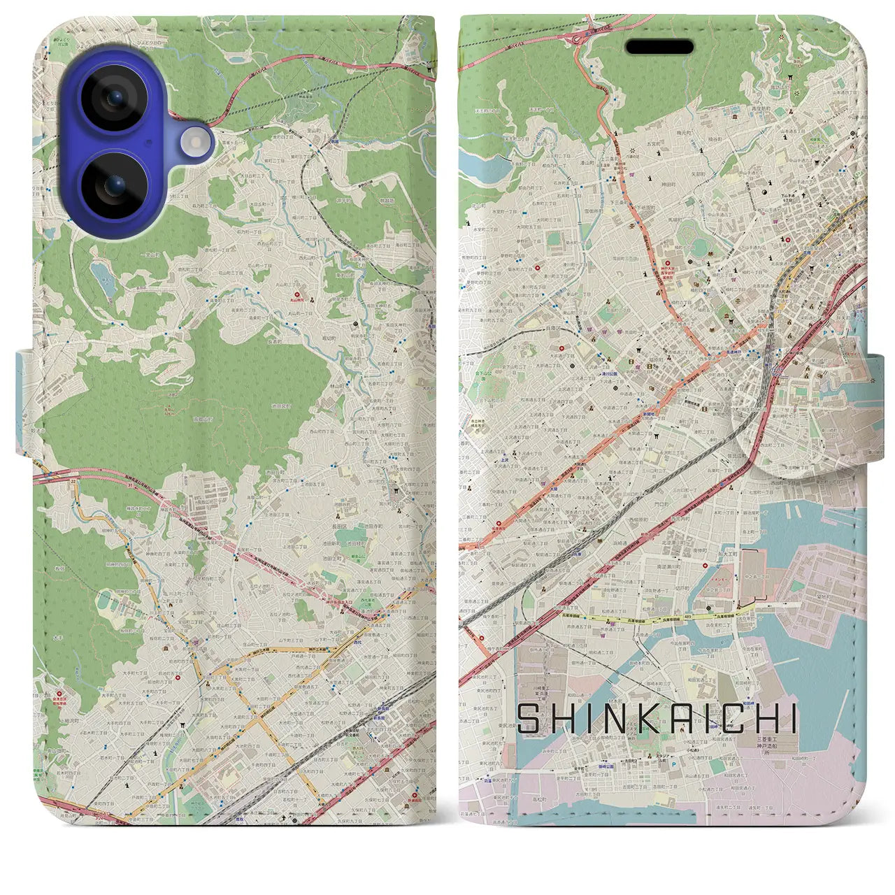 【新開地（兵庫県）】地図柄iPhoneケース（手帳タイプ）ナチュラル・iPhone 16 Pro Max 用