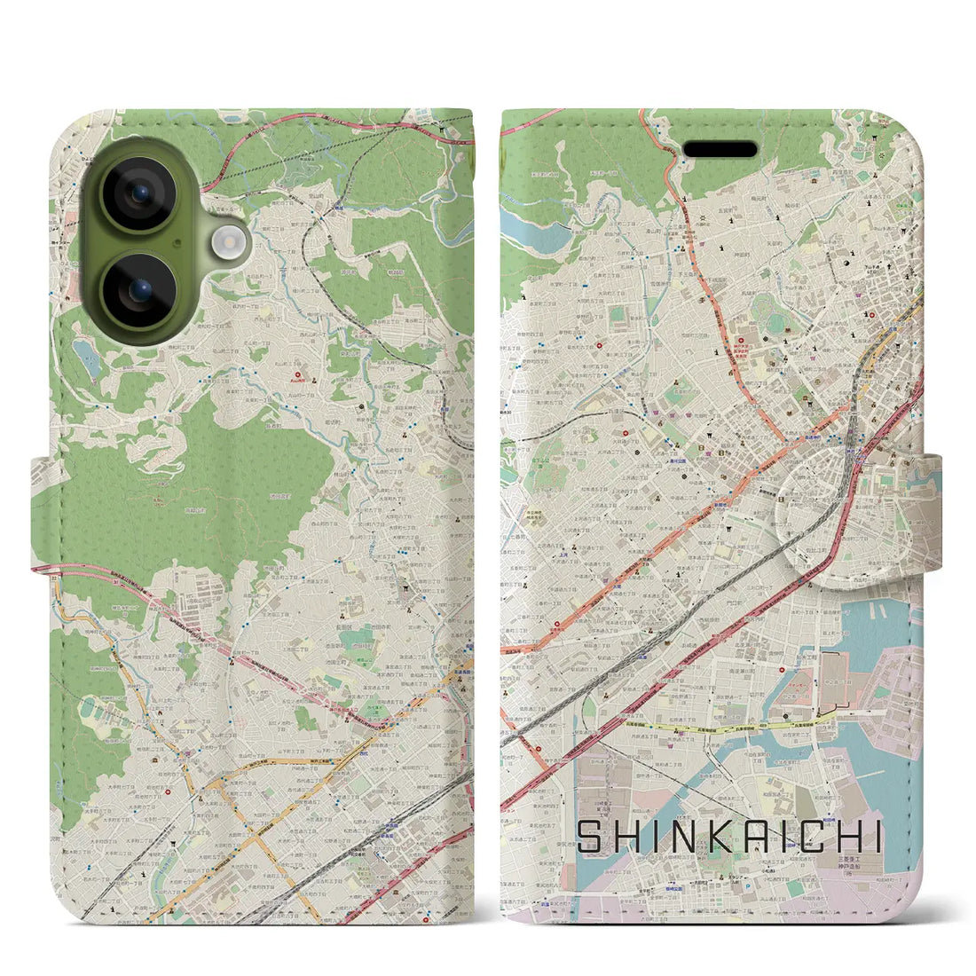 【新開地（兵庫県）】地図柄iPhoneケース（手帳タイプ）モノトーン・iPhone 17 Pro Max 用