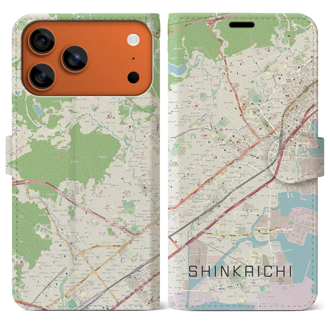 【新開地（兵庫県）】地図柄iPhoneケース（手帳タイプ）ナチュラル・iPhone 17 Pro Max 用