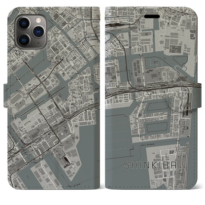 【新木場（東京都）】地図柄iPhoneケース（手帳タイプ）モノトーン・iPhone 11 Pro Max 用