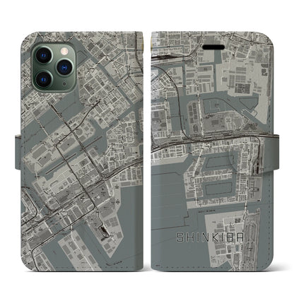 【新木場（東京都）】地図柄iPhoneケース（手帳タイプ）モノトーン・iPhone 11 Pro 用