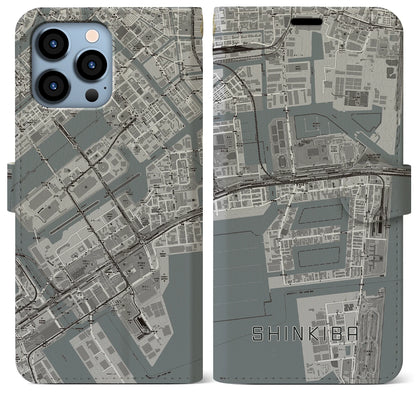 【新木場（東京都）】地図柄iPhoneケース（手帳タイプ）モノトーン・iPhone 13 Pro Max 用