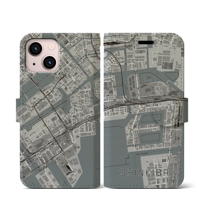 【新木場（東京都）】地図柄iPhoneケース（手帳タイプ）モノトーン・iPhone 13 mini 用