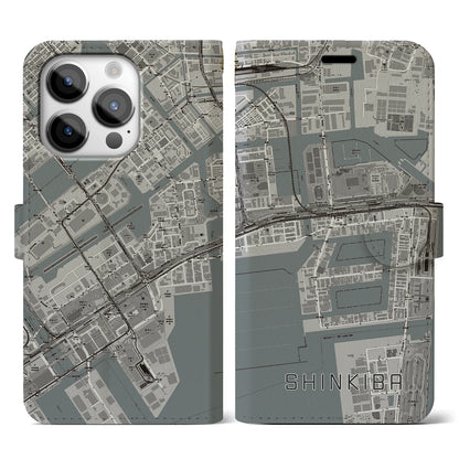 【新木場（東京都）】地図柄iPhoneケース（手帳タイプ）モノトーン・iPhone 14 Pro 用