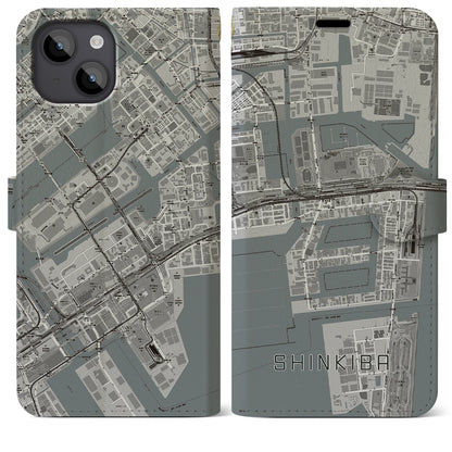 【新木場（東京都）】地図柄iPhoneケース（手帳タイプ）モノトーン・iPhone 14 Plus 用