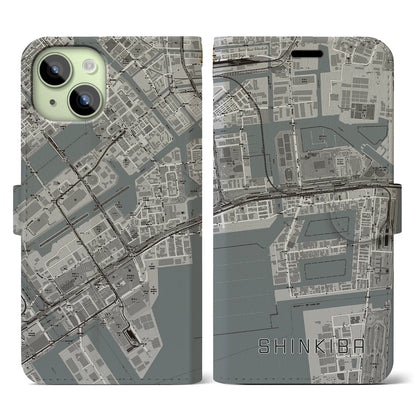 【新木場（東京都）】地図柄iPhoneケース（手帳タイプ）モノトーン・iPhone 15 用