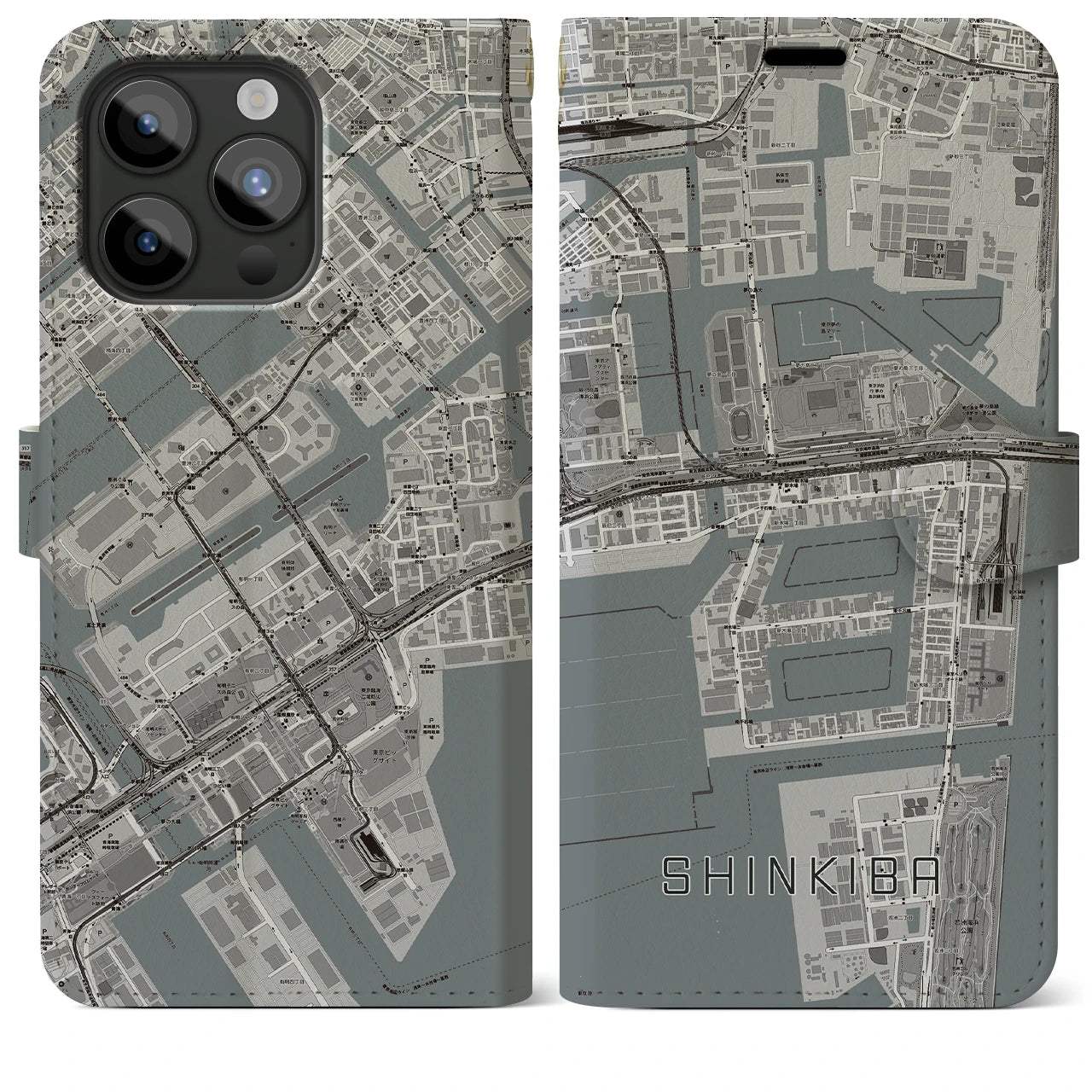 【新木場】地図柄iPhoneケース（手帳両面タイプ・モノトーン）iPhone 15 Pro Max 用
