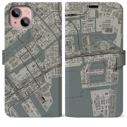 【新木場（東京都）】地図柄iPhoneケース（手帳タイプ）モノトーン・iPhone 15 Plus 用