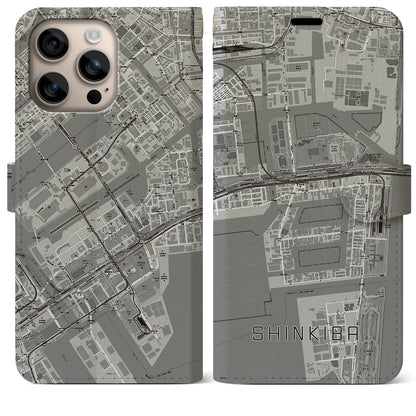 【新木場（東京都）】地図柄iPhoneケース（手帳タイプ）モノトーン・iPhone 16 Plus 用