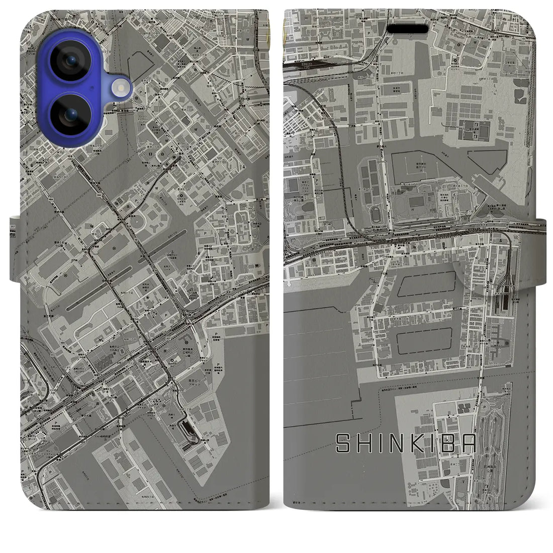 【新木場(東京都)】地図柄iPhoneケース(手帳タイプ)モノトーン・iPhone 16 Pro Max 用