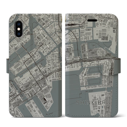 【新木場（東京都）】地図柄iPhoneケース（手帳タイプ）モノトーン・iPhone XS / X 用